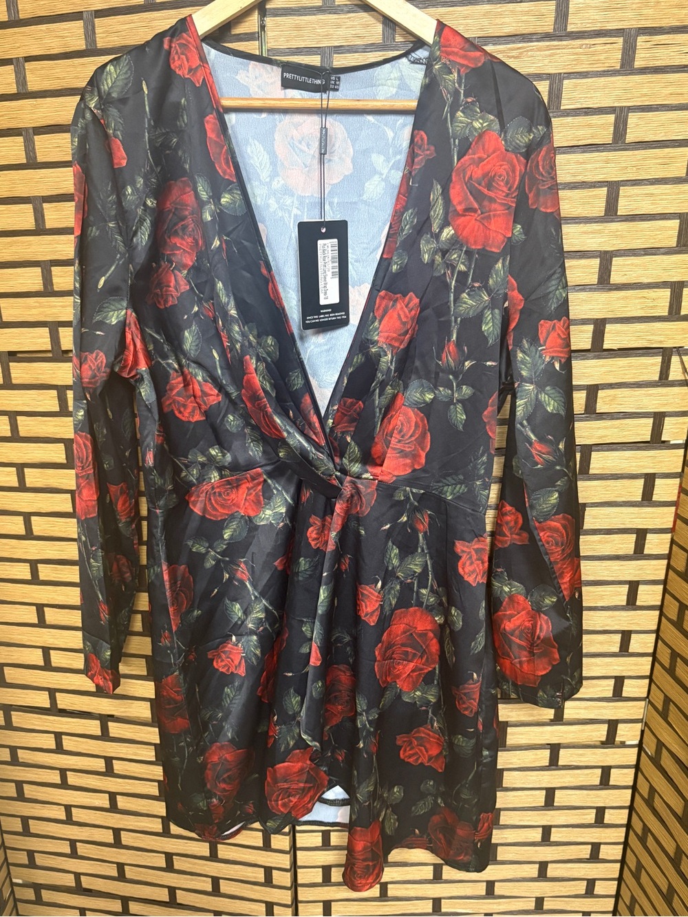 Prettylittlething red and black rose print dress size large